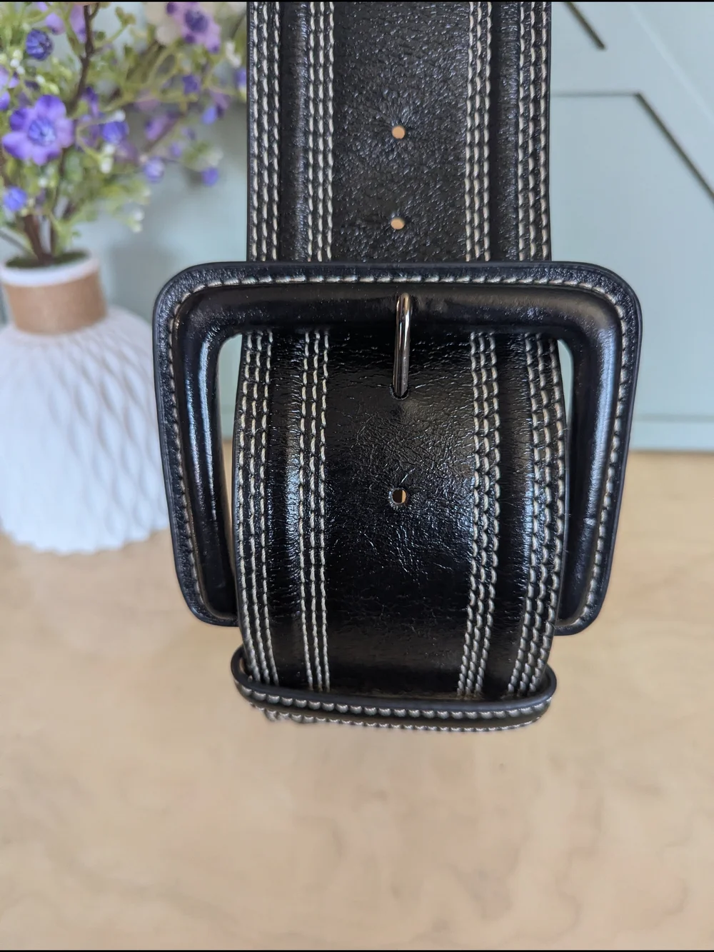 Worth Black Leather Belt with White Contrast Stitching